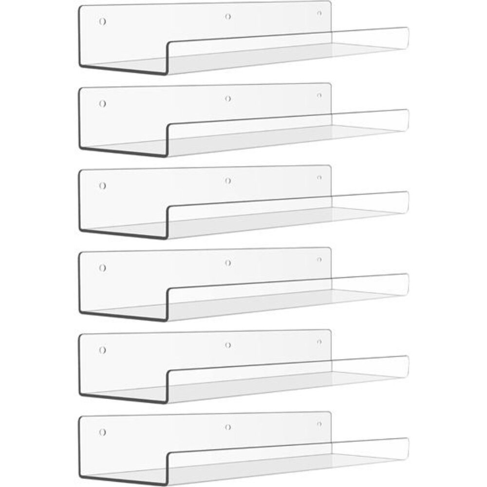 6 Pack Acrylic Shelves for Wall Storage, 15" x 4“ Floating Bookshelves for Kids